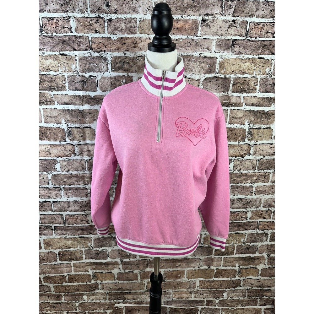 Barbie Pink Quarter Zip Pullover Heart Logo Y2K Striped Trim Sweatshirt Size Med